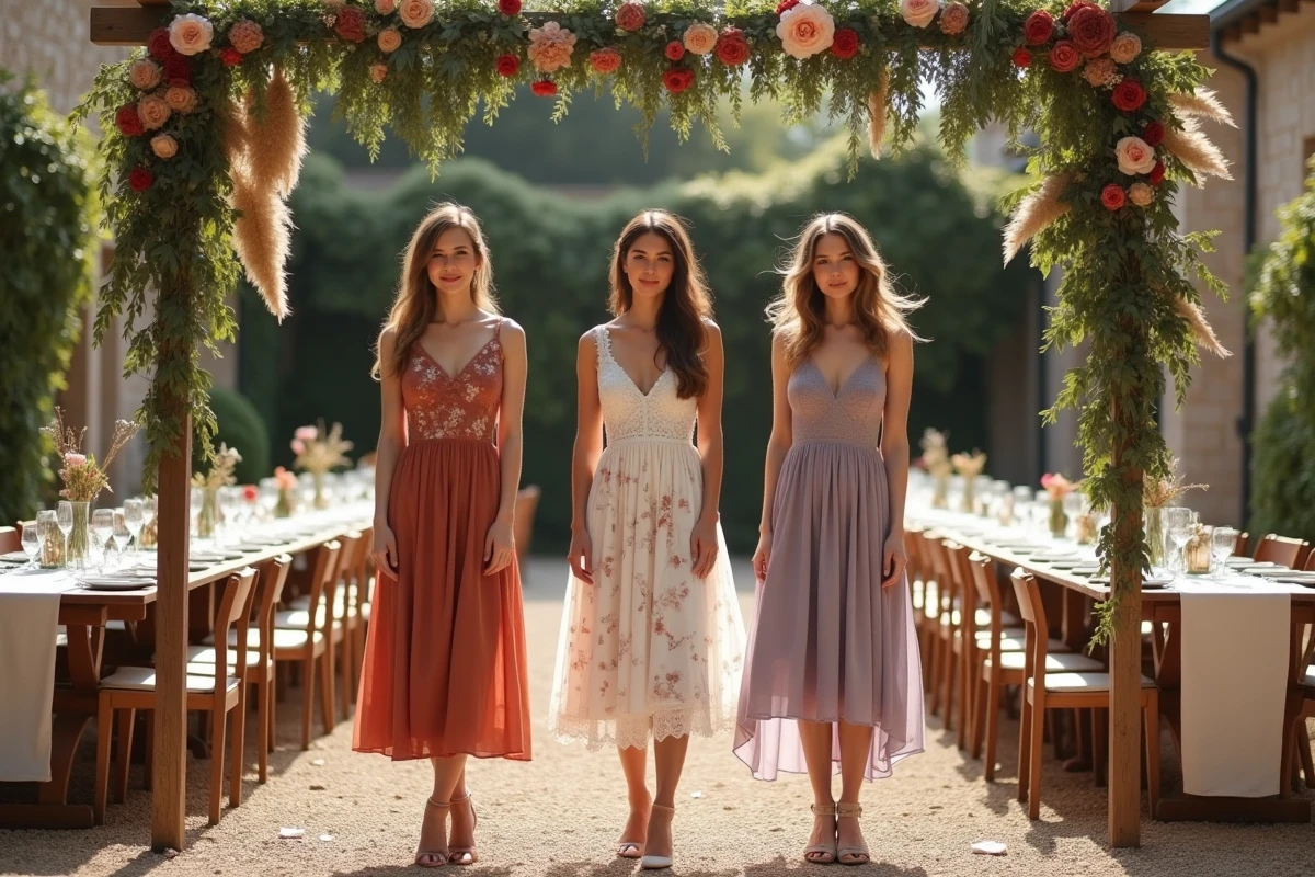 Trois invitées en robes cocktail fleuries bohèmes sous une arche rustique lors d'une réception de mariage champêtre