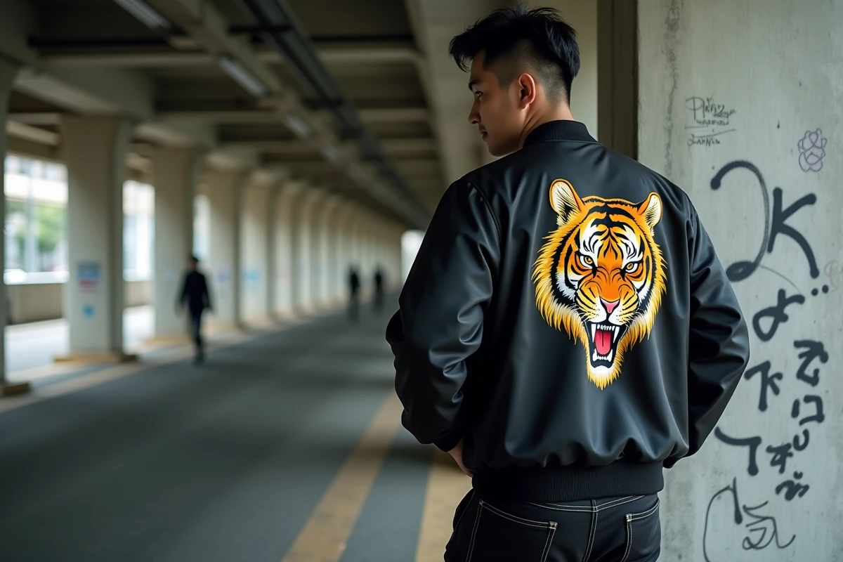 Homme à la morphologie en V portant une jacket souvenir noire brodée dorée dans un passage urbain style Tokyo