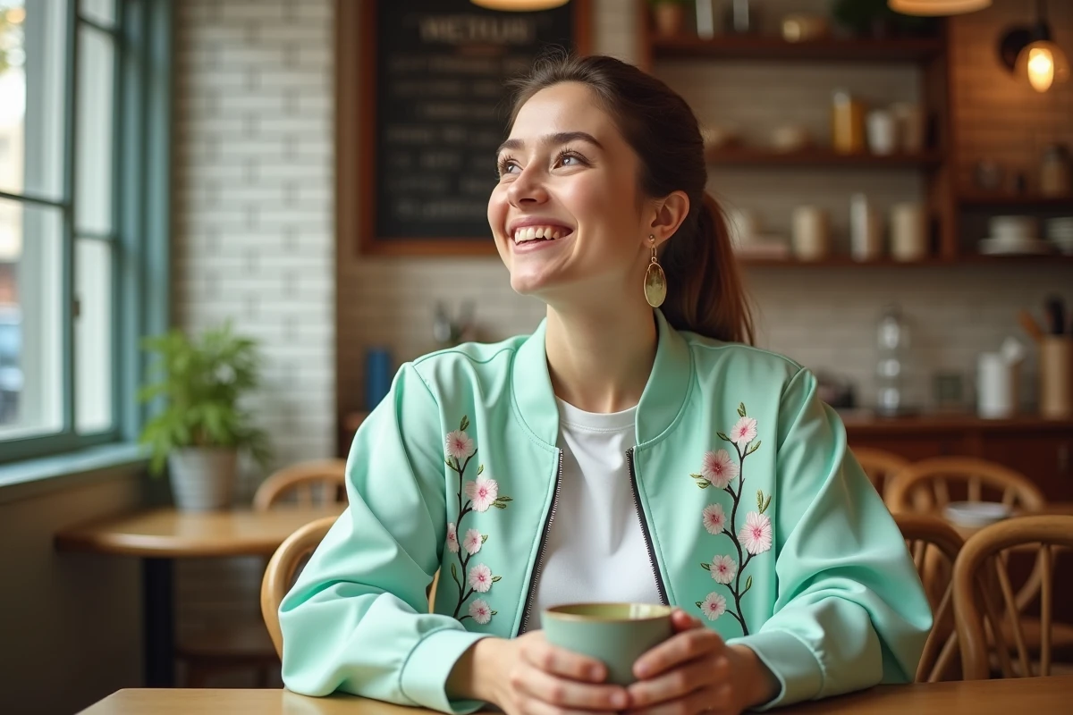 Femme à la morphologie poire portant une jacket souvenir vert menthe brodée dans un café parisien