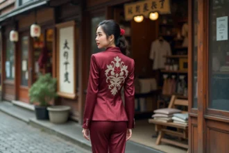 Femme à la morphologie sablier portant une jacket souvenir bordeaux brodée devant une boutique japonaise vintage