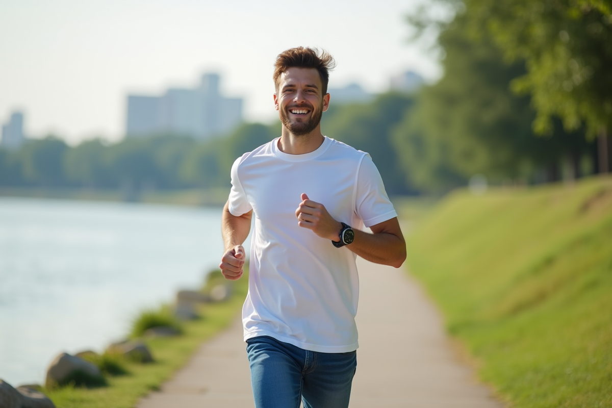 Jeune homme courant au bord de la rivière