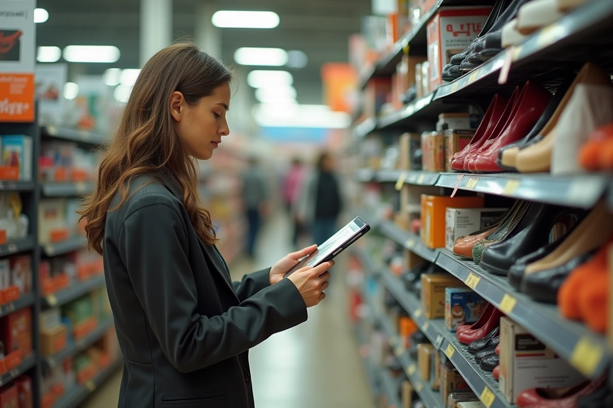 Jeune femme regardant des accessoires pour chaussures en magasin