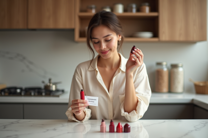 Jeune femme examine des échantillons de rouge à lèvres dans une cuisine moderne