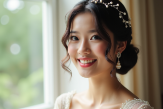 Jeune femme souriante avec coiffure élégante pour mariage