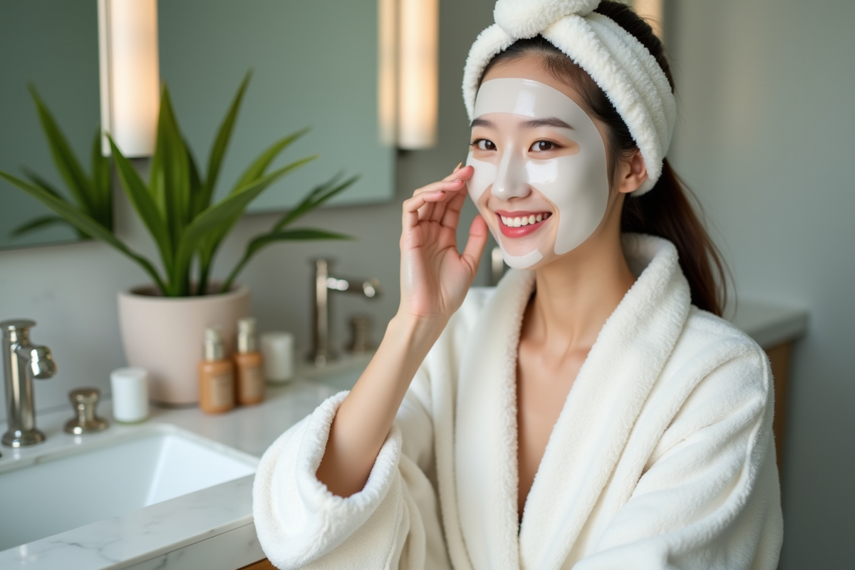 Jeune femme coréenne appliquant un masque facial dans un spa