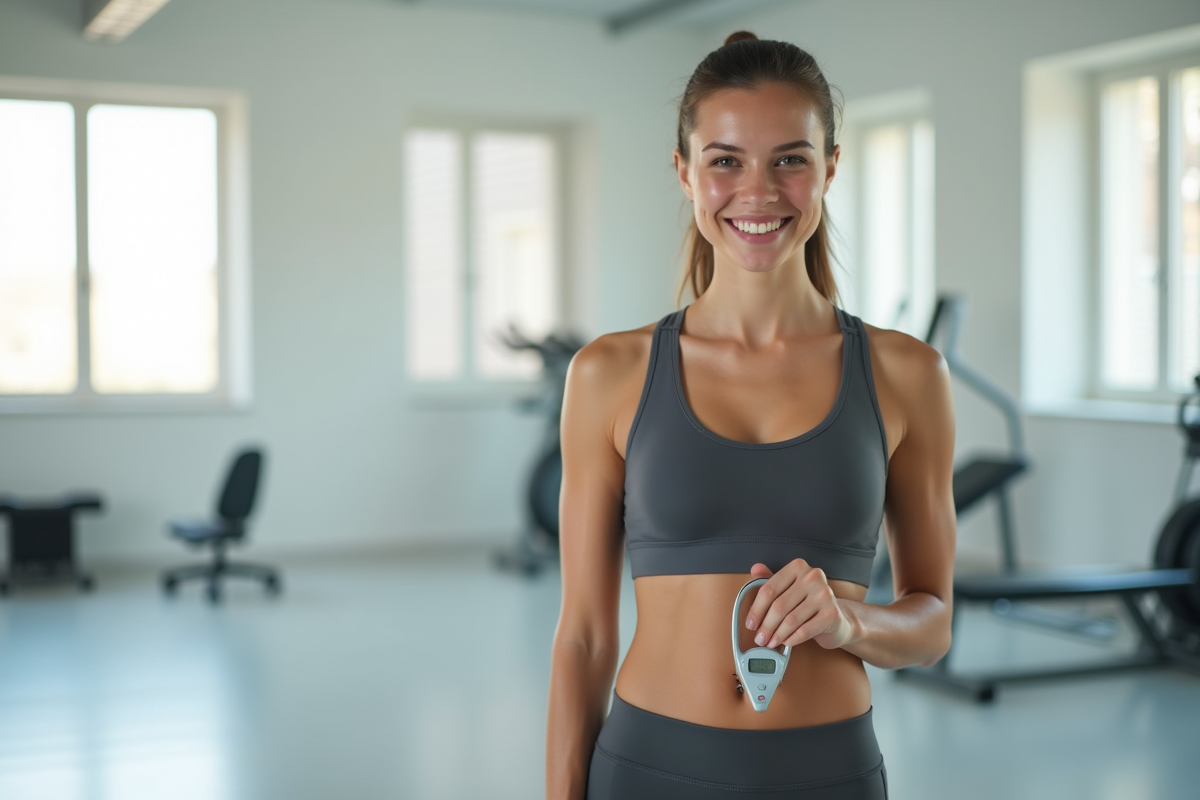 Jeune femme en sportwear mesurant sa graisse corporelle