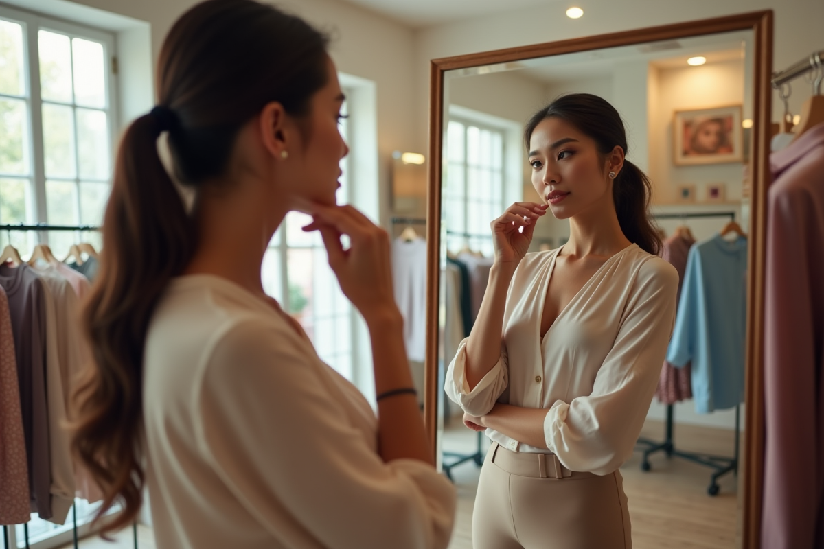 Jeune femme dans une boutique de vêtements regardant son reflet dans un miroir