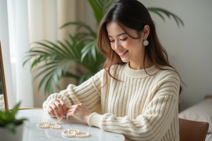 Jeune femme souriante avec bijoux en perles dans une chambre lumineuse