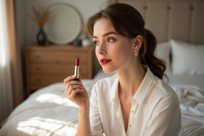 Jeune femme appliquant rouge à lèvres longwear dans une chambre lumineuse