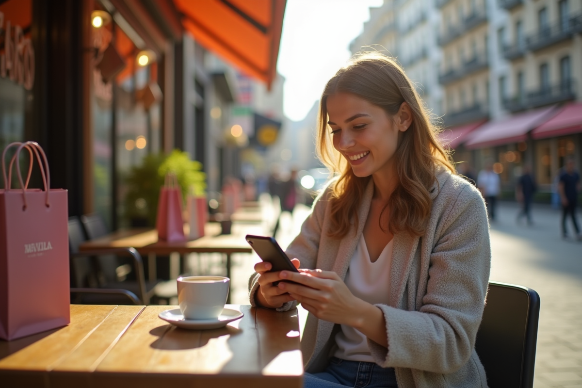 Jeune femme compare prix Zara avec son smartphone au café