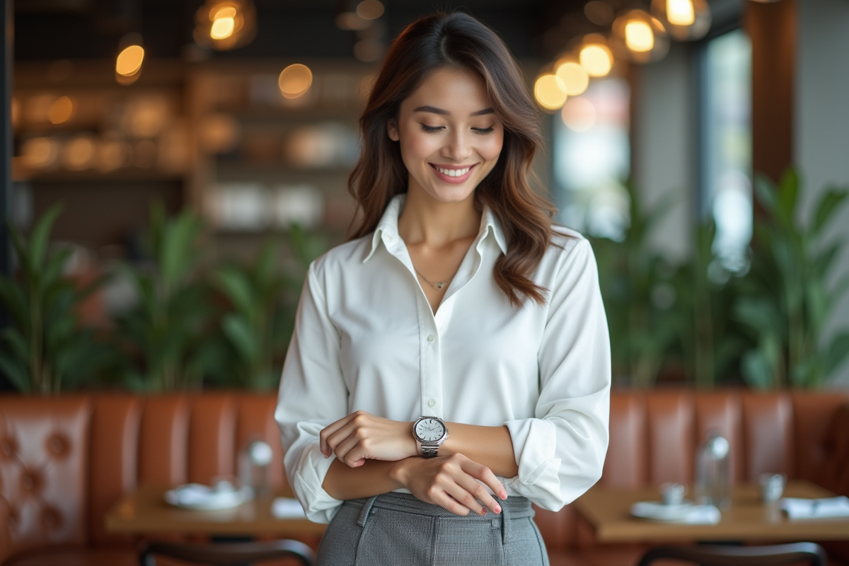 Jeune femme élégante ajustant sa montre dans un café moderne
