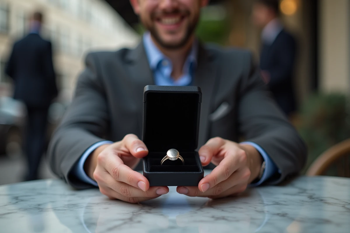 Jeune homme offrant une bague en cadeau dans un café parisien