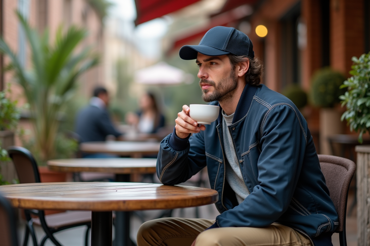 Jeune homme au café en terrasse avec casquette et veste vintage