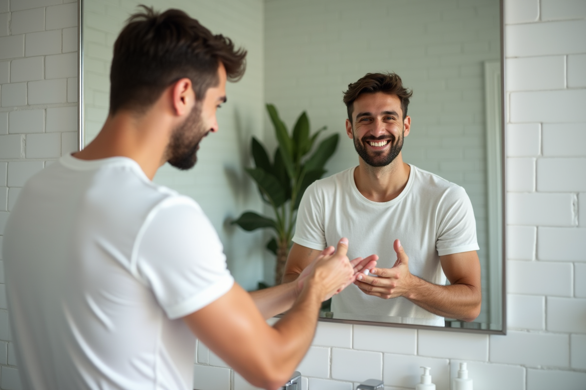 Jeune homme examinant sa peau après soin visage