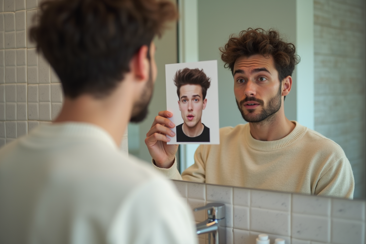 Jeune homme regardant sa photo de coiffure dans le miroir