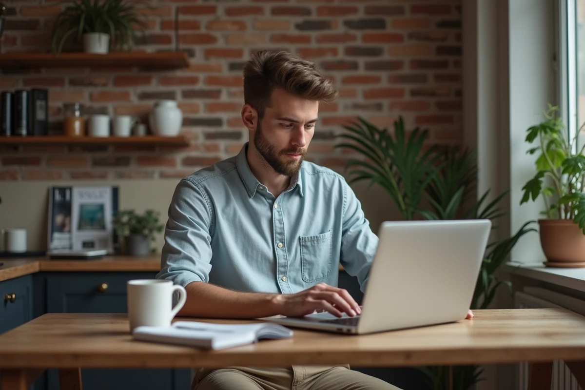 Jeune homme à la maison recherchant sur son ordinateur portable