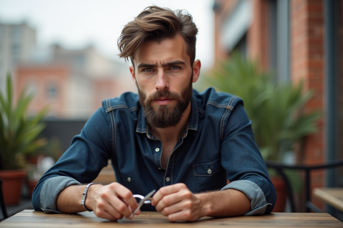 Jeune homme coiffant sa barbe sur une terrasse urbaine