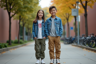 Jeune fille et garçon en style décontracté devant un lycée moderne