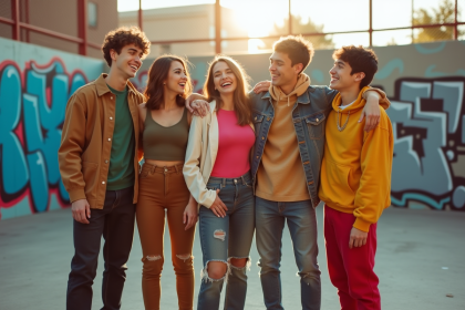 Groupe de jeunes stylés dans un skatepark urbain ensoleillé
