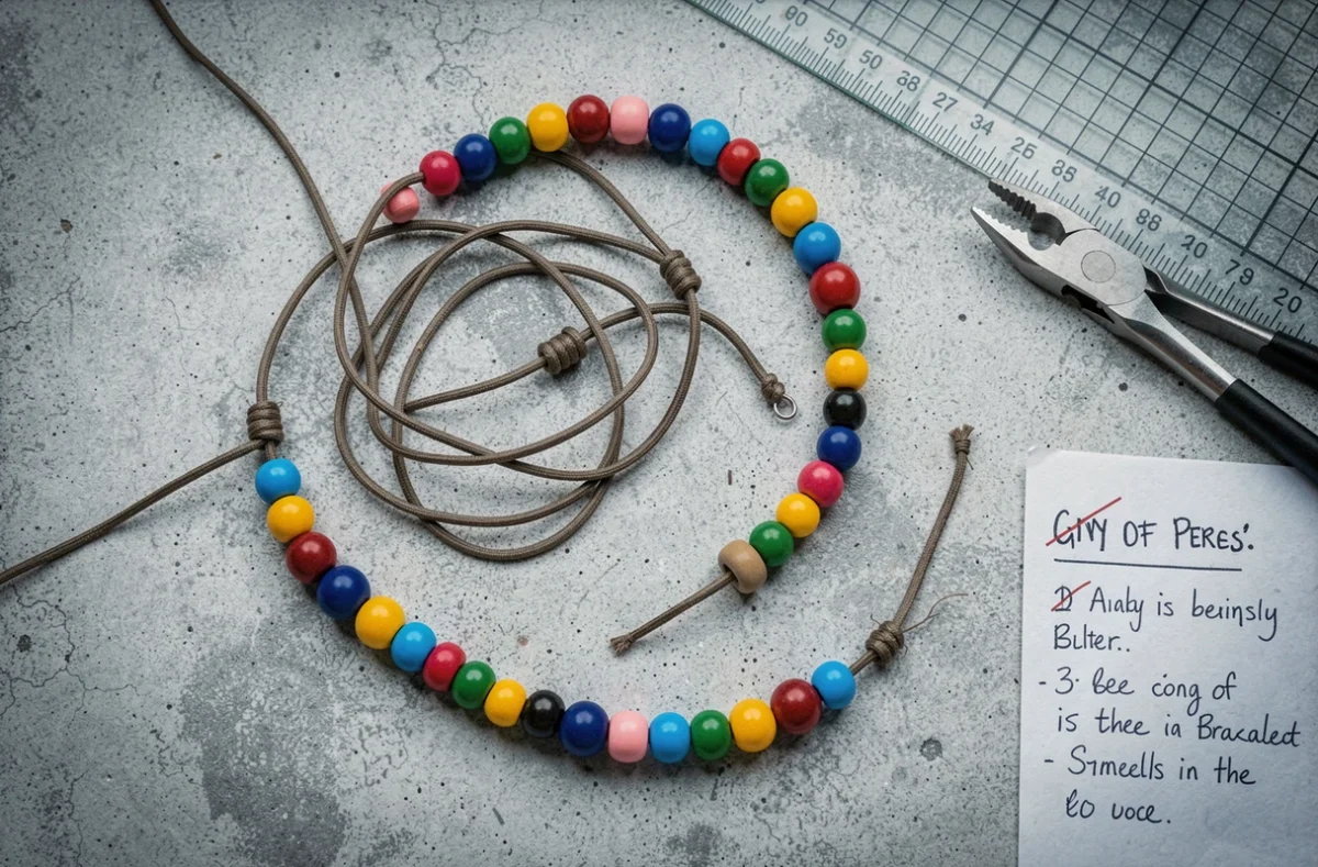 Vue de dessus d'un kit bracelet maison mal assemblé avec fils emmêlés, perles dépareillées et outils de bijouterie