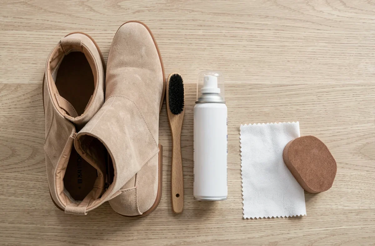 Kit complet d'entretien pour chaussures en daim clair posé à plat sur une table en chêne pâle