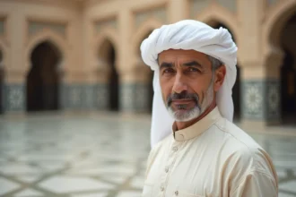Homme portant un kufi blanc brodé devant une cour de mosquée aux carrelages géométriques, tenue islamique élégante pour la prière