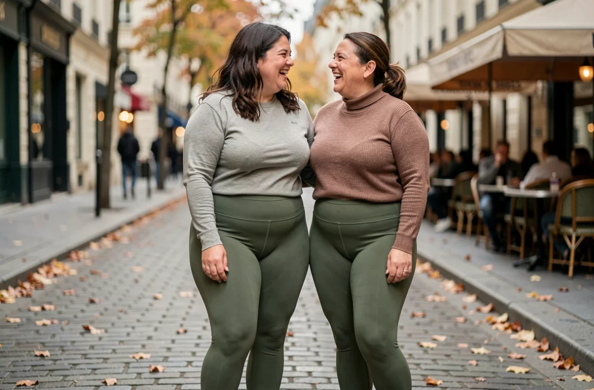 Deux femmes aux morphologies pulpeuses portant des leggings vert olive Léonie and Co dans une rue pavée française en automne