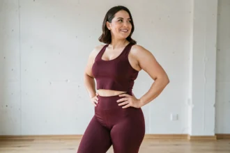 Femme aux courbes généreuses portant un legging taille haute Léonie and Co en bordeaux, vue de trois quarts dans un studio minimaliste