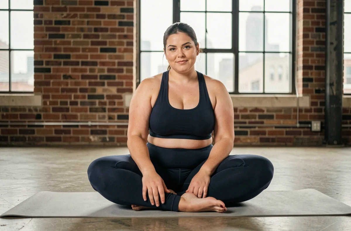 Femme pulpeuse en legging bleu marine Léonie and Co assise en posture de yoga sur tapis gris dans une salle de sport moderne