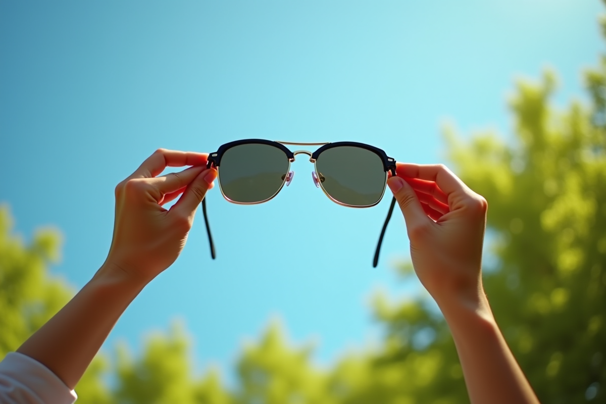 Mains tenant des lunettes de soleil design contre un ciel bleu