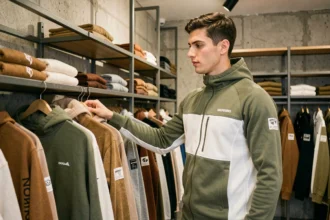 Jeune homme parcourant des vêtements de sport et streetwear dans un magasin moderne à Marseille