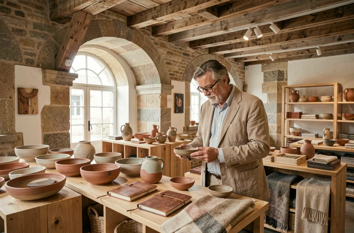 La Maison des Artisans à Angers avec ses céramiques, cuirs et textiles artisanaux exposés sur des présentoirs en bois
