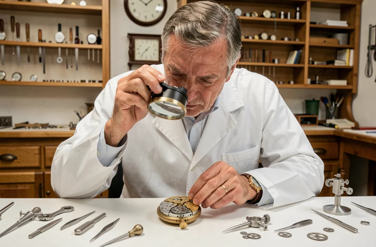 Maître horloger en blouse blanche examinant un mouvement de montre de poche complexe avec une loupe dans un atelier d'horlogerie suisse traditionnel