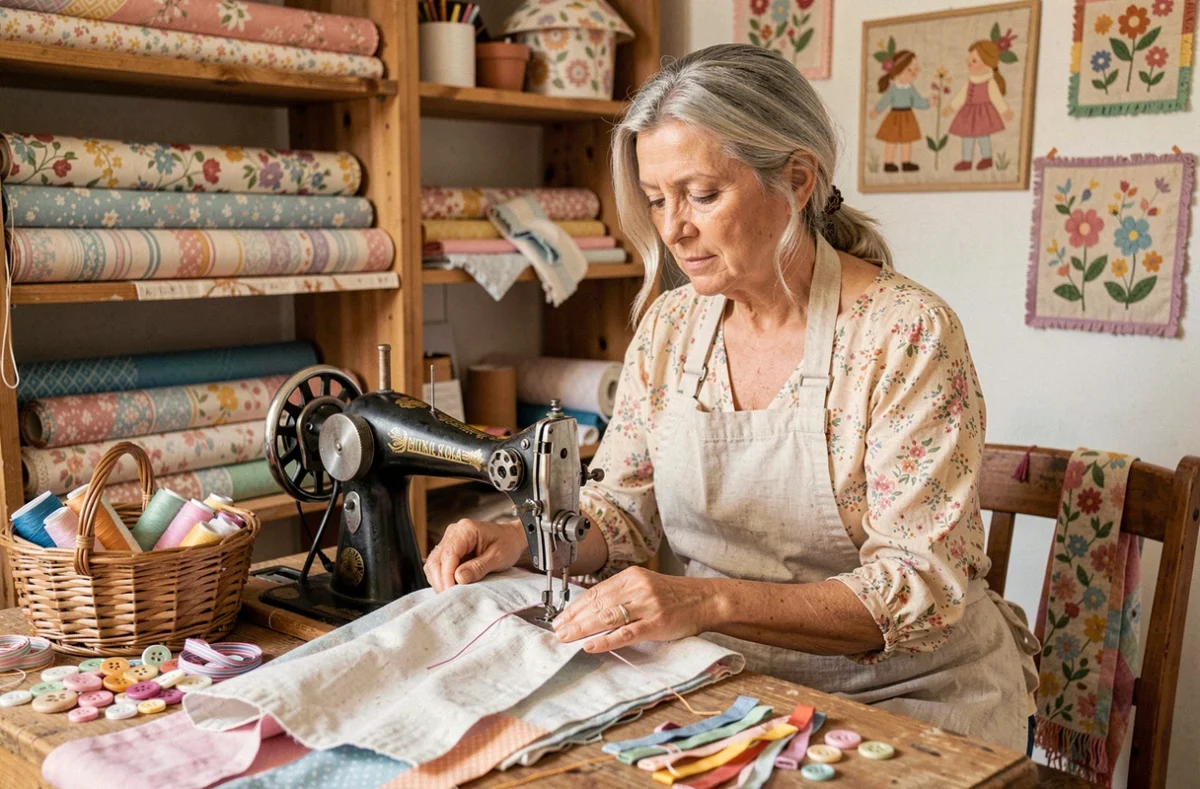 Créatrice de Mamie Cousette cousant à la machine dans un atelier artisanal coloré et chaleureux à Lyon