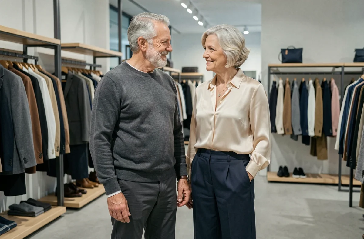 Duo de mannequins seniors homme et femme en tenues smart-casual dans un showroom de prêt-à-porter haut de gamme