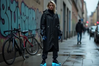 Jeune femme portant une veste technologique à LED dans une rue urbaine sous la pluie, illustrant la mode électronique connectée