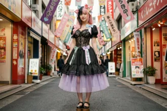 Jeune femme en tenue fusion goth-kawaii dans les rues de Harajuku, Tokyo, mêlant dentelle noire et accessoires pastel