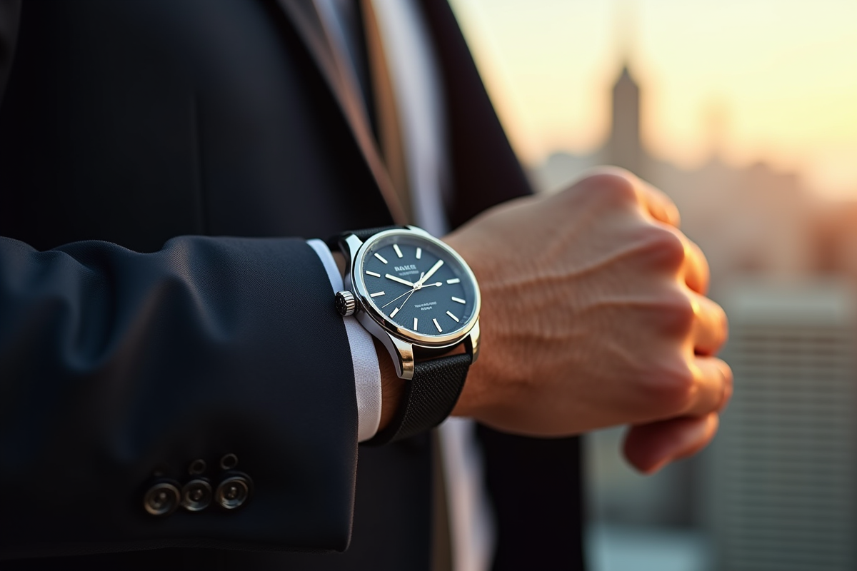 Poignet avec montre de luxe en costume chic en ville