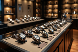 Vitrine de montres de luxe dans une boutique élégante