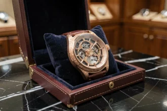 Montre de luxe mécanique squelette en or rose exposée sur un coussin de velours bleu marine dans un écrin en cuir, posée sur un marbre noir poli dans un atelier horloger