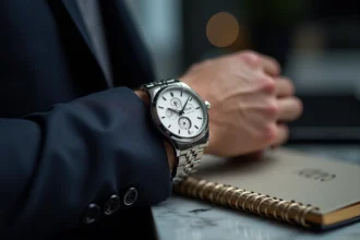 Montre de luxe style Rolex au poignet d'un homme en costume sur bureau en marbre
