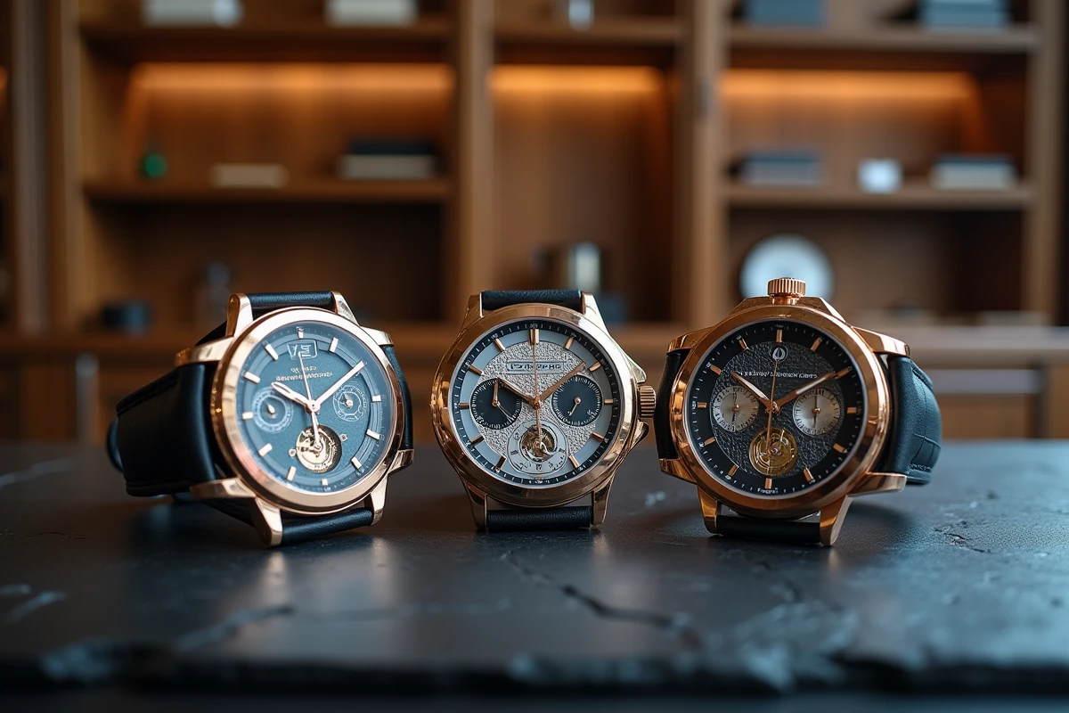 Trois montres de luxe haut de gamme posées sur ardoise dans une boutique horlogère, cadrans et mouvements mécaniques visibles