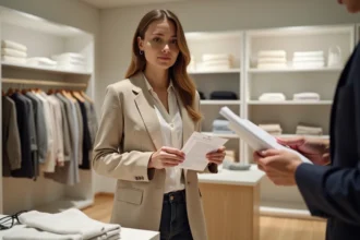 Femme négociant un remboursement partiel au service client d'un magasin de vêtements ZARA en tenant un reçu et un article défectueux