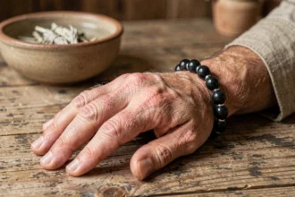 Bracelet pierre naturelle pour homme en onyx noir posé sur un poignet masculin près d'un bol d'eau pour le nettoyage