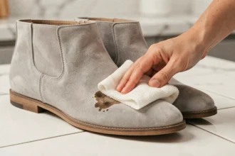 Nettoyage d'une tache d'huile sur une chaussure en daim gris avec un chiffon microfibre
