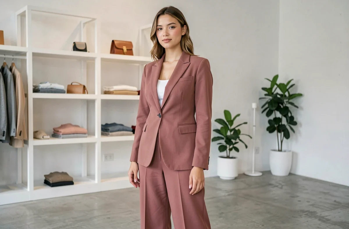 Femme portant une tenue féminine structurée de la marque Ofeminine dans une boutique épurée à Lyon
