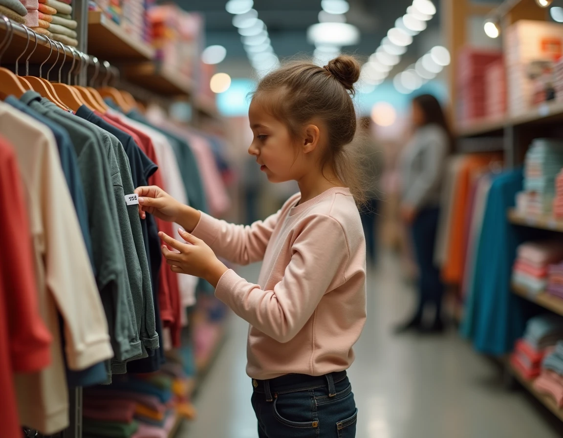 Parent et enfant en magasin de vêtements pour enfants, vérifiant si la taille 116 convient à la morphologie de l'enfant en tenant un vêtement devant lui