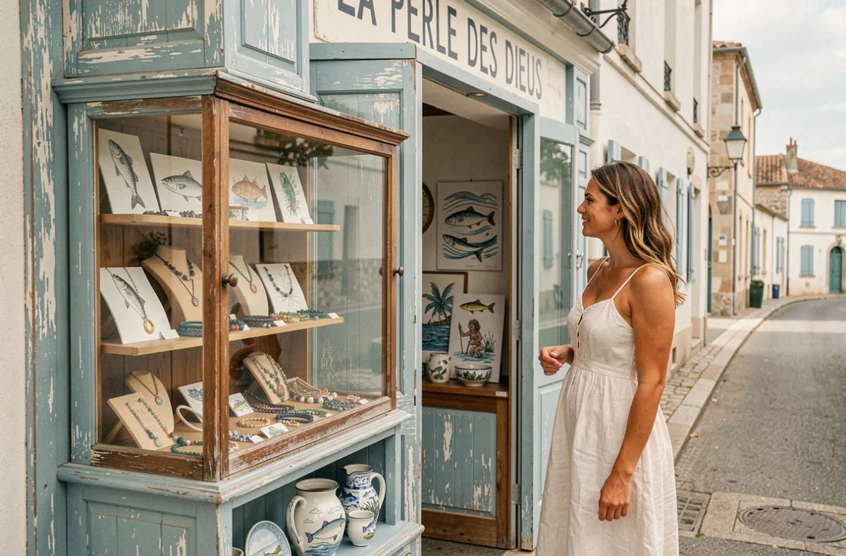 La Perle des Dieux, L'Atelier de la Sardine à Saint-Gilles-Croix-de-Vie avec sa devanture nautique et ses créations artisanales