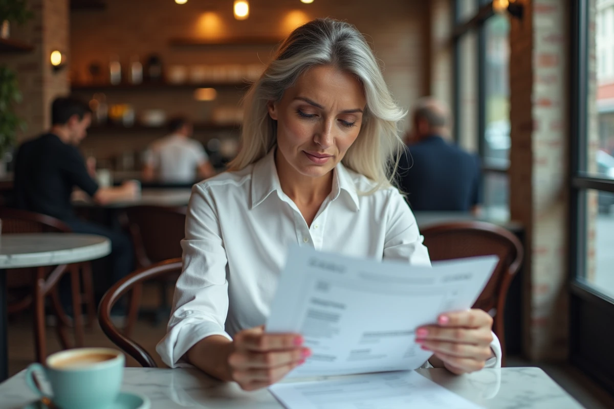 Femme comparant des documents de réclamation et de droits des consommateurs dans un café pour préparer une négociation de remboursement ZARA