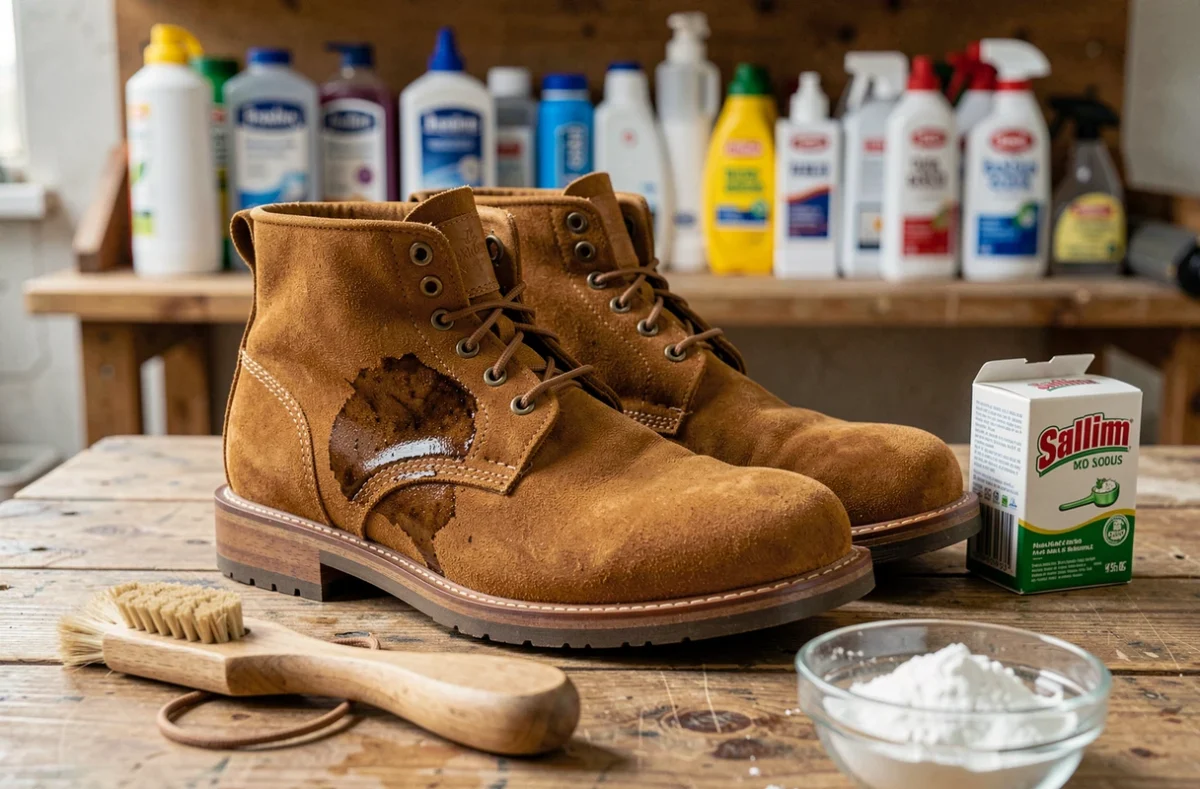 Produits pour enlever une tache de graisse sur des chaussures en daim marron avec bicarbonate